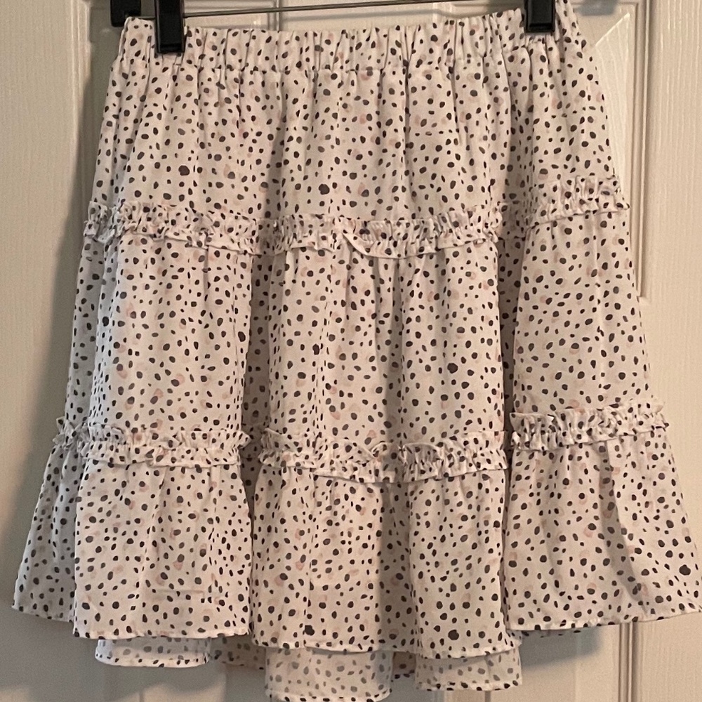 Princess Polly Grey Pink Polka Dot Mini Lined Ruffle Skirt Size 4